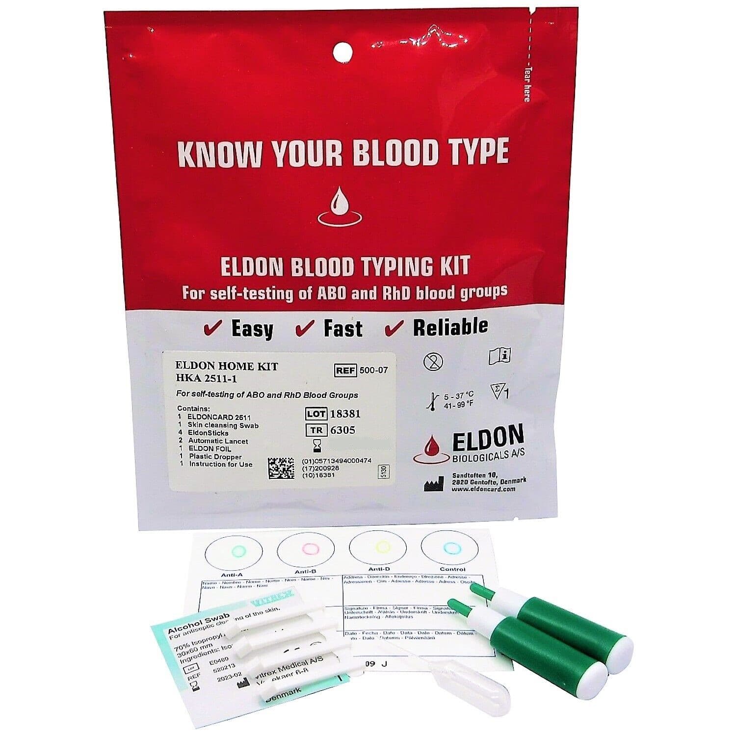 Blood Type Test Kit - Group A B O and Rhesus D — blood type test kit, tested from a finger-prick blood sample
